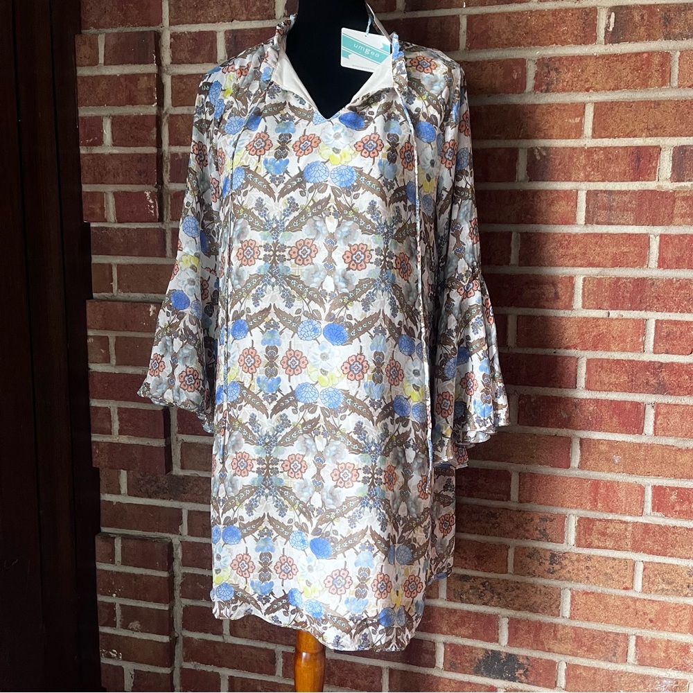 Umgee Women M Lightweight Layered Dress Blue Cream Floral Boho 3/4 Bell Sleeves